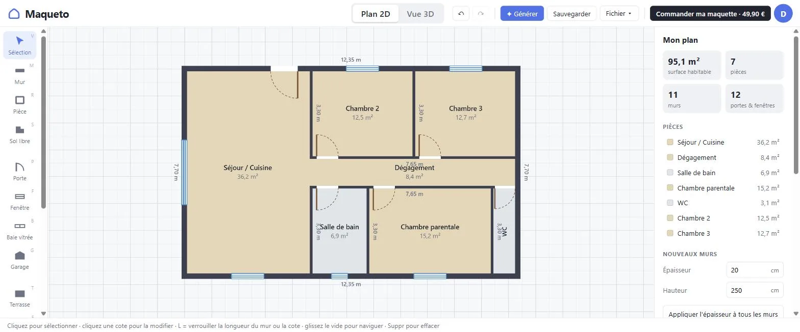 L'éditeur de plan Maqueto, avec les cotes et les surfaces de chaque pièce