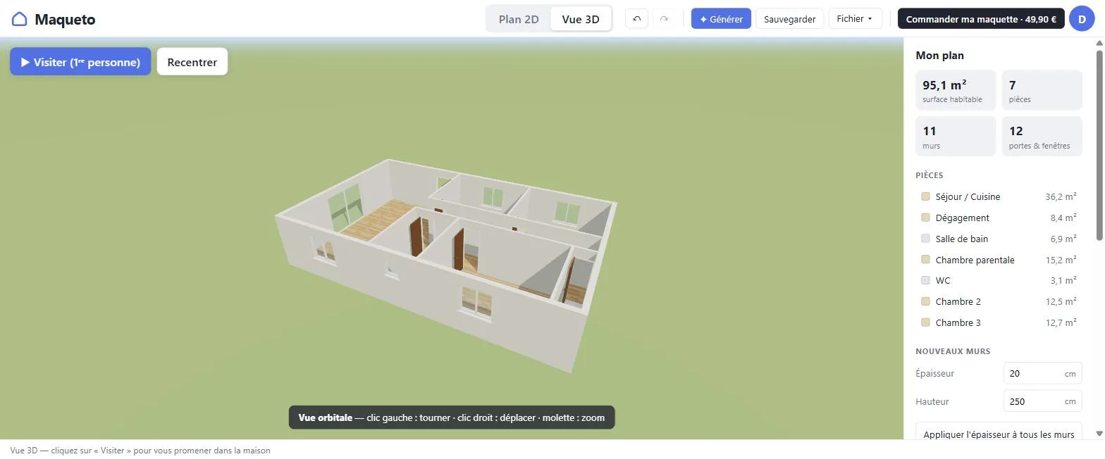 La même maison en vue 3D dans l'éditeur Maqueto
