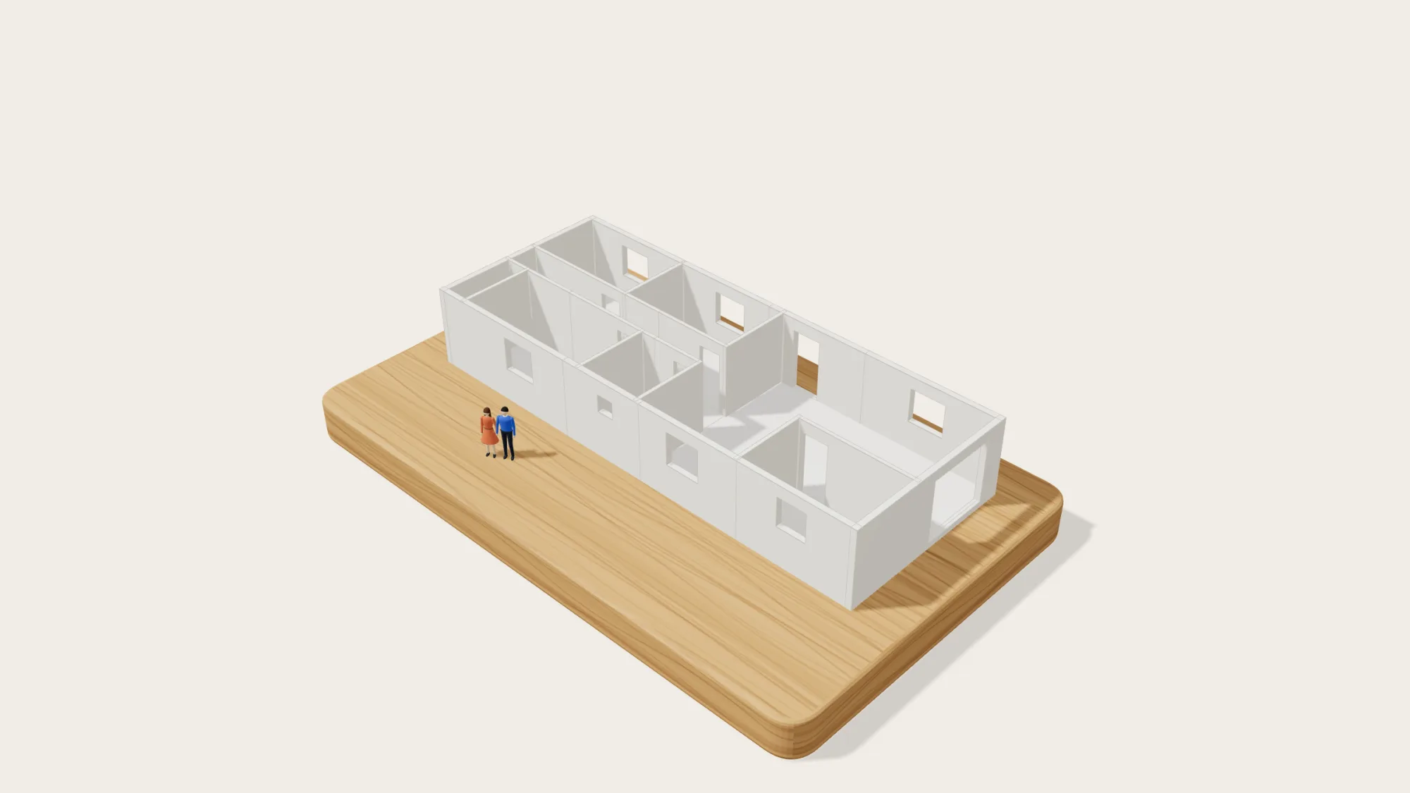Maquette 3D d'une longère de 3 chambres sur un socle en bois