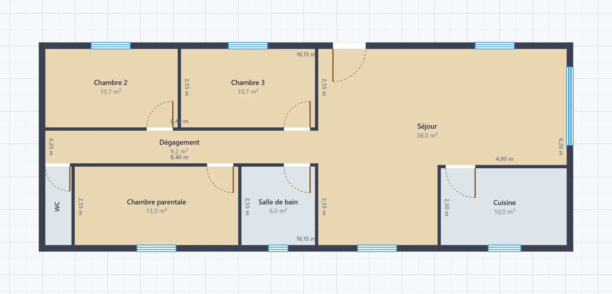 Plan 2D coté de la longère de 3 chambres