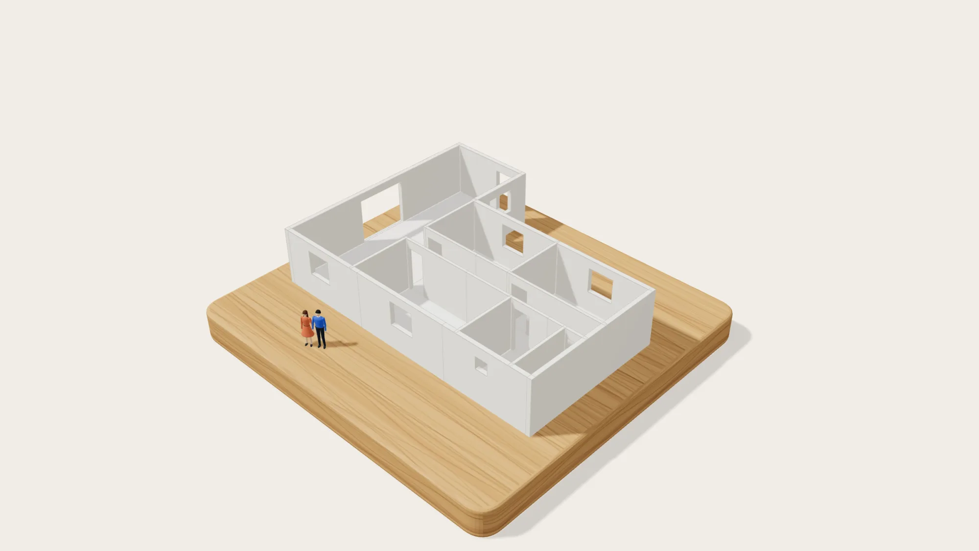 Maquette imprimée en 3D d'une maison en L, avec deux figurines, sur un socle en bois