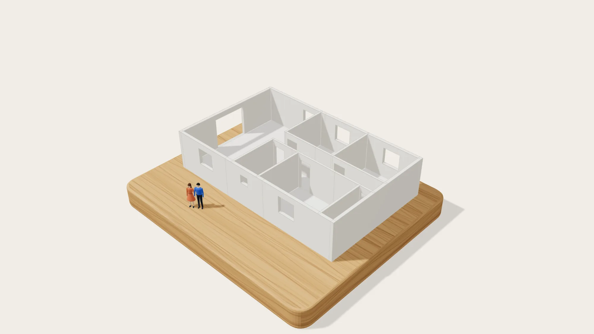 Maquette imprimée en 3D d'une maison de plain-pied de 3 chambres, posée sur un socle en bois