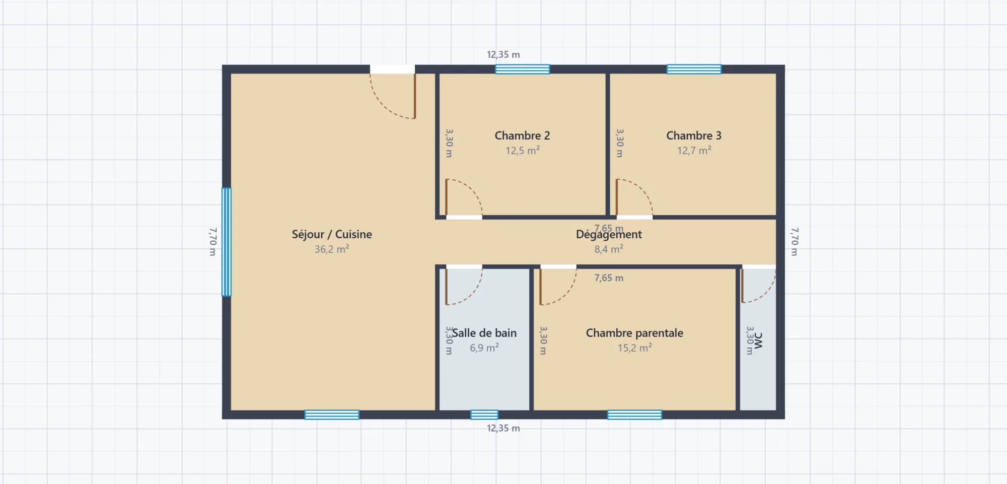 Plan coté d'une maison de 3 chambres, avec les portes, les fenêtres et les surfaces