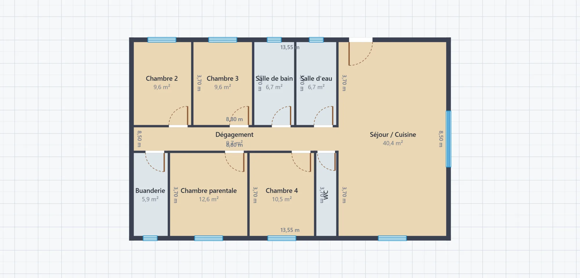 Plan 2D coté d'une maison de plain-pied de 4 chambres